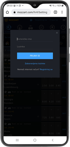 Snimka zaslona mobilne aplikacije Mozzart