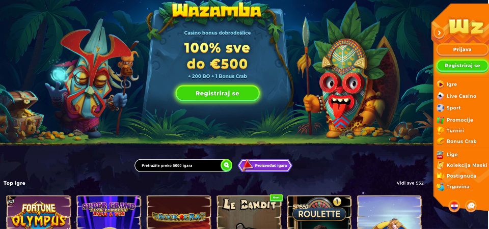 Snimka zaslona glavne stranice Wazamba Casina
