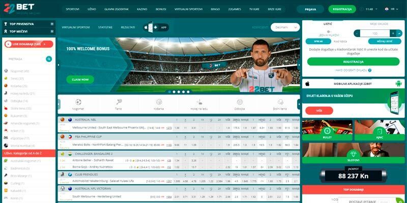 Snimka zaslona sportske stranice 22Bet-a