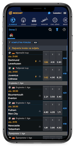 Snimka zaslona mobilne stranice Mozzart sporta 1