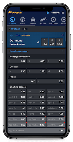 Snimka zaslona mobilne stranice Mozzart sporta 2