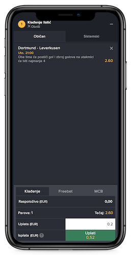 Snimka zaslona mobilne stranice Mozzart sporta 3