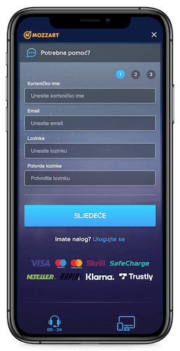 Snimka zaslona na mobitelu: 1. korak registracije na Mozzartu