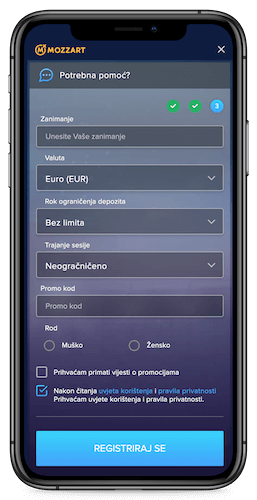 Snimka zaslona na mobitelu: 3. korak registracije na Mozzartu