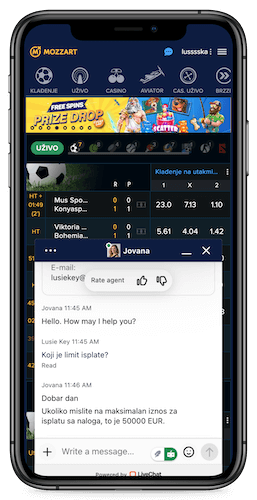 Snimka zaslona na mobitelu od koraka 2 chata podrške Mozzart