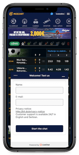 Snimka zaslona na mobitelu od koraka 1 chata podrške Mozzart