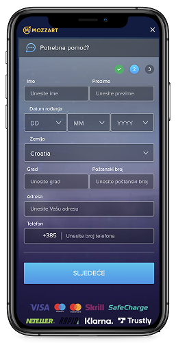 Snimka zaslona na mobitelu: 2. korak registracije na Mozzartu