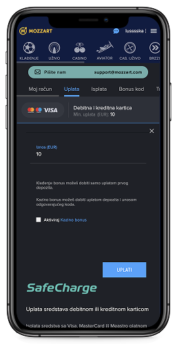 Snimka zaslona mobilnog uređaja blagajne za uplate Mozzart 2