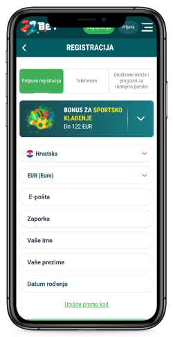 Snimka zaslona stranice za registraciju