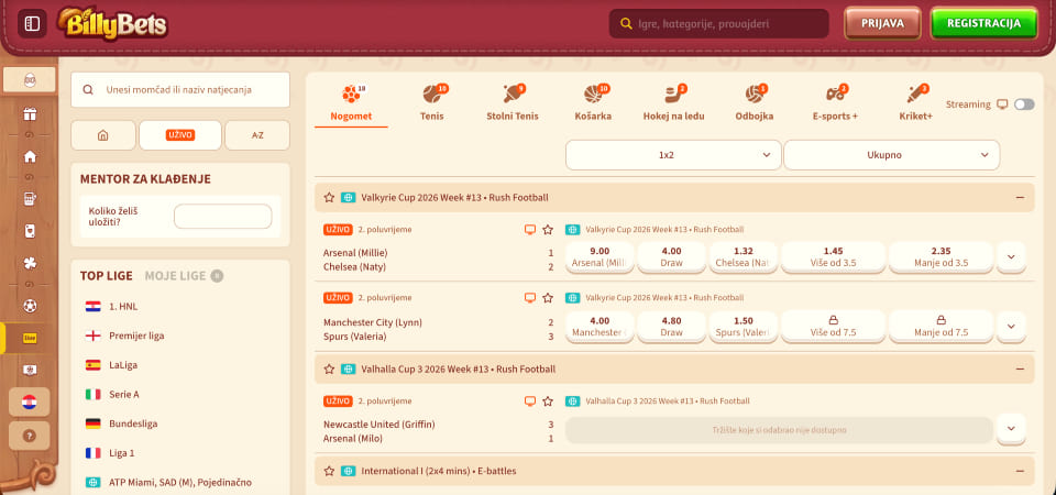 Snimka zaslona sportske stranice BillyBets