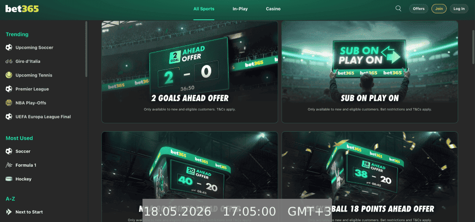 Snimka zaslona stranice s bonusima bet365