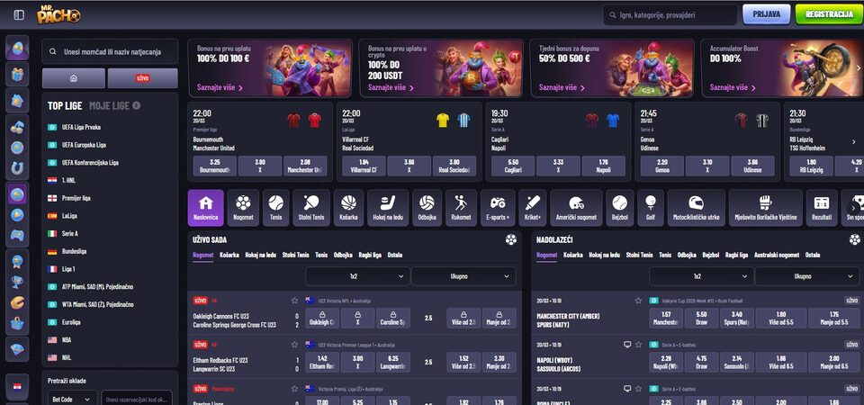 Snimka zaslona stranice za sportsko klađenje na MrPacho