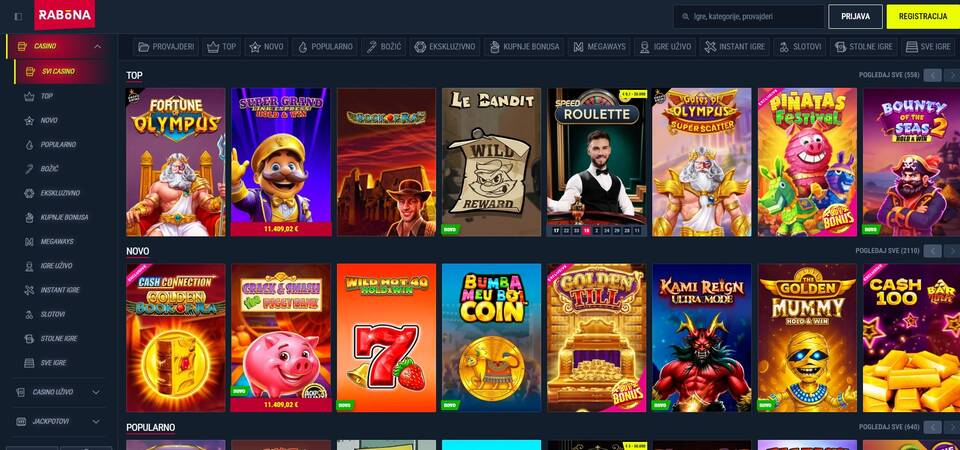 Snimka zaslona stranice kasina na Raboni