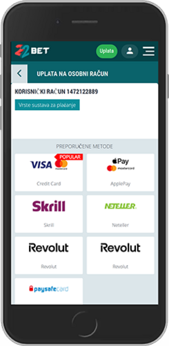 Snimka zaslona mobilne stranice za uplatu 22bet 1