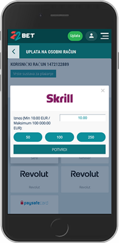 Snimka zaslona mobilne stranice za uplatu 22bet 2
