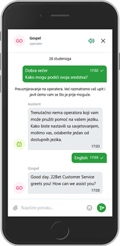Snimka zaslona mobilne stranice za podršku 22bet