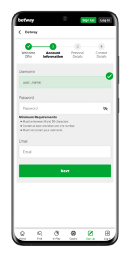Snimka zaslona registracije za Android