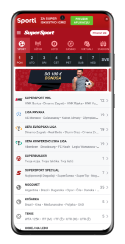 Snimka zaslona glavne stranice SuperSporta za mobilne uređaje s Android aplikacijom