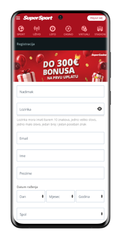 Snimka zaslona registracijske stranice SuperSport za Android