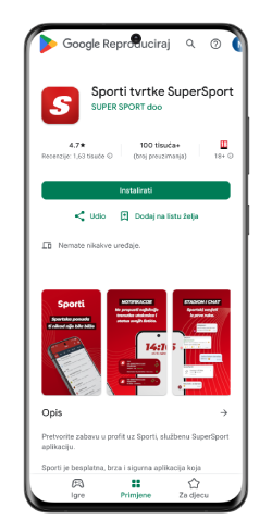 Snimka zaslona mobilne stranice SuperSport Google Play
