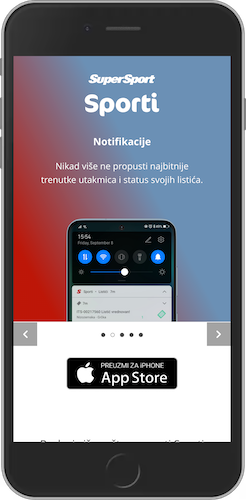 Snimka zaslona glavne stranice SuperSporta za mobilne uređaje s iOS aplikacijom