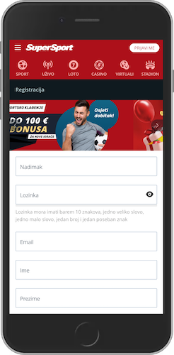 Snimka zaslona registracijske stranice SuperSport za iOS