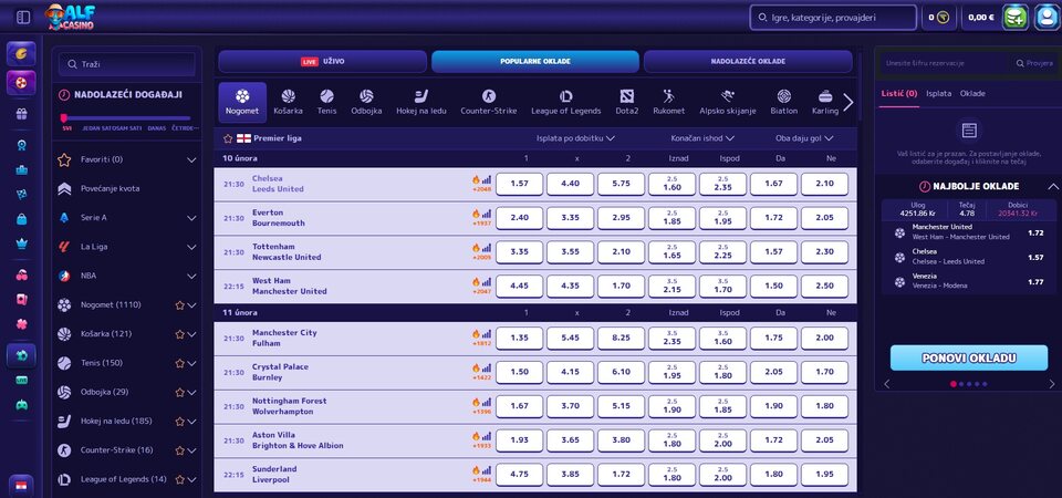 Snimka zaslona sportske stranice AlfCasino 