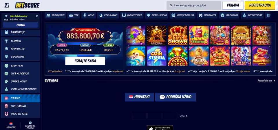 Snimka zaslona stranice BetScore kasina