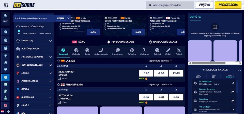 Snimka zaslona sportske stranice BetScore