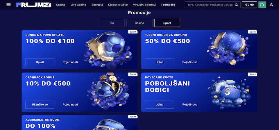 Snimka zaslona stranice s bonusima Frumzi