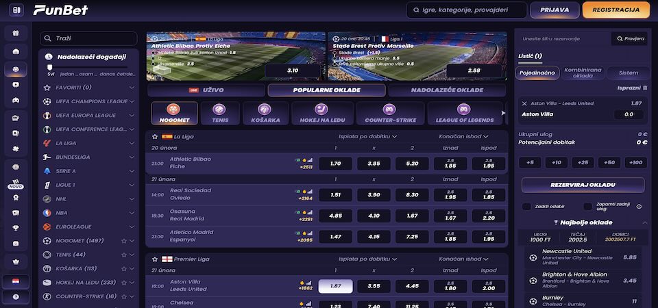 Snimka zaslona sportske stranice FunBeta