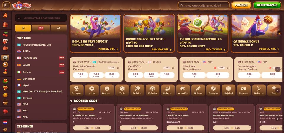 Snimka zaslona sportske stranice Roostino