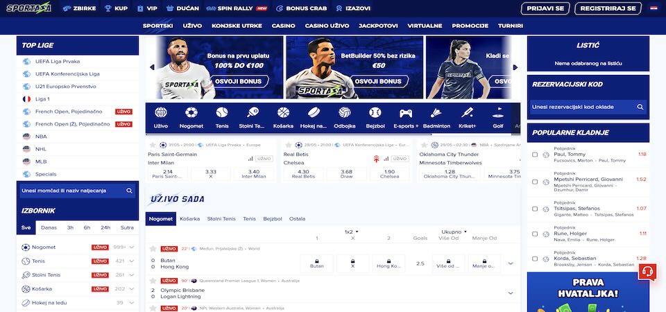 Snimka zaslona sportske stranice Sportaza