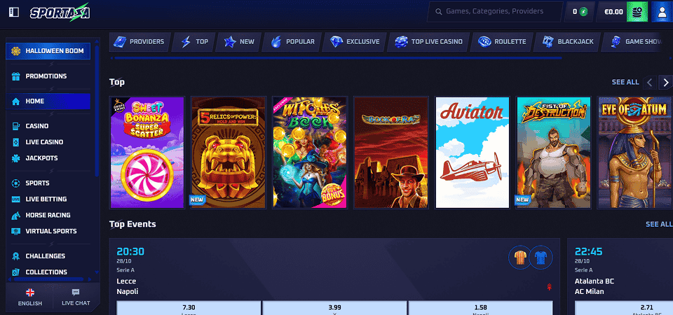 Snimka zaslona glavne stranice Sportaze