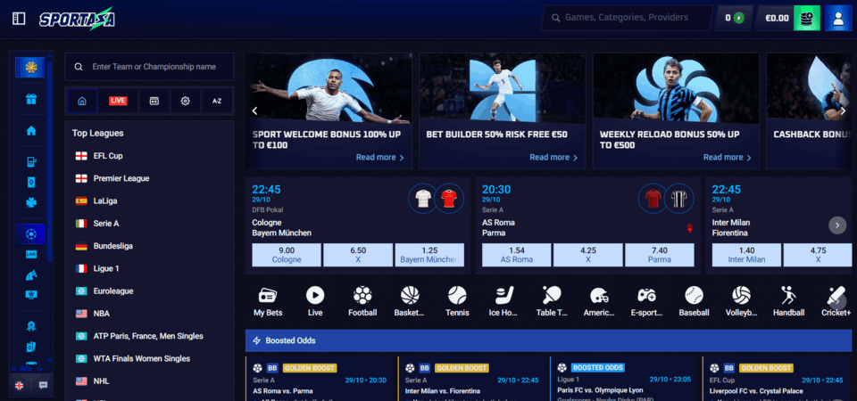 Snimka zaslona sportske stranice Sportaza